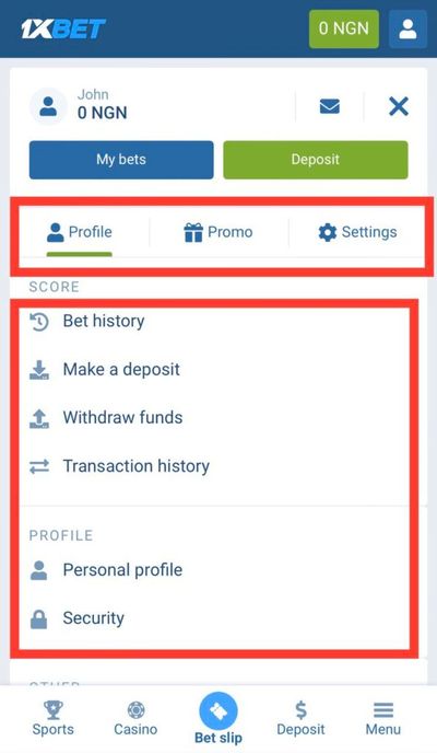 1xBet Personal profile options