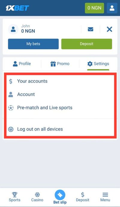 1xBet Personal profile settings tab