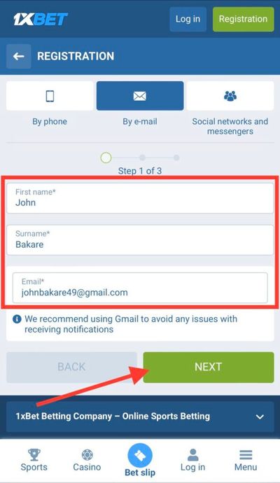 1xBet email registration first step