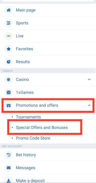 1xBet menu Special Offers and Bonuses option