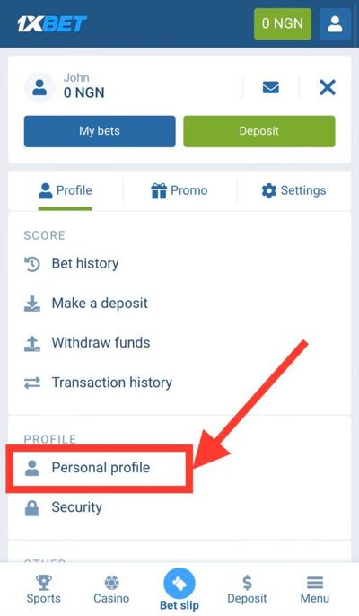 1xBet personal profile option