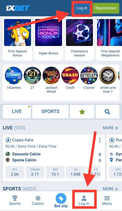1xBet website Log in buttons