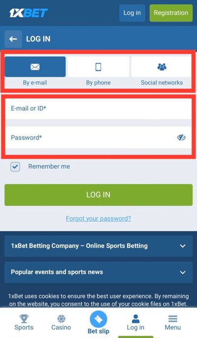 1xbet log in form