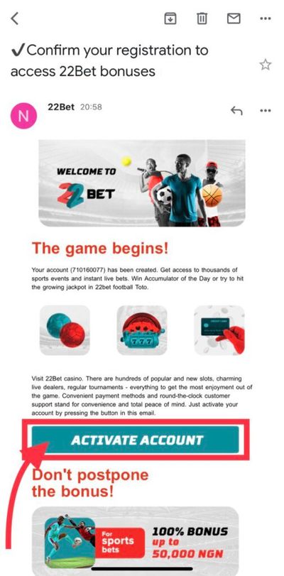 22BET confirmation email example