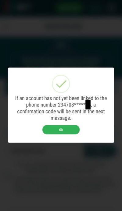 22BET pop-up sms sent with confirmation code
