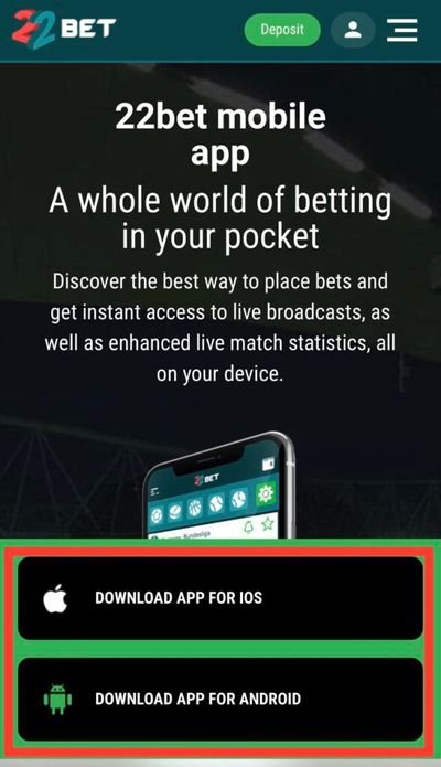22Bet download mobile apps buttons
