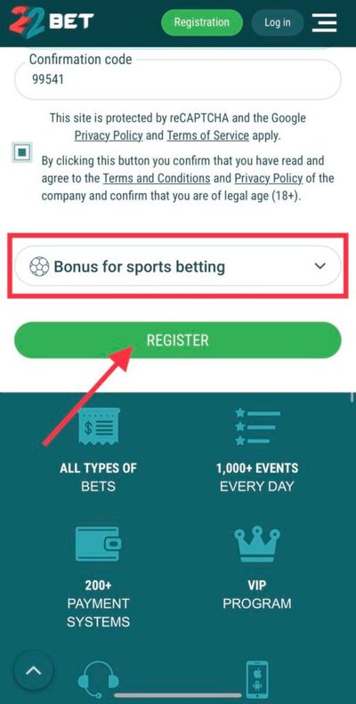 22bet step 2 registration by phone register button