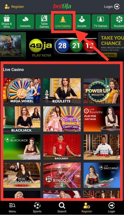 Bet9ja Live Casino button and Page