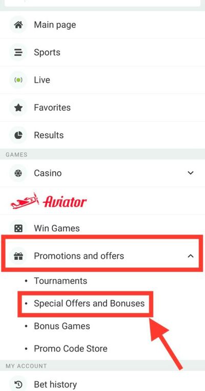 BetWinner menu, special offers and bonuses option