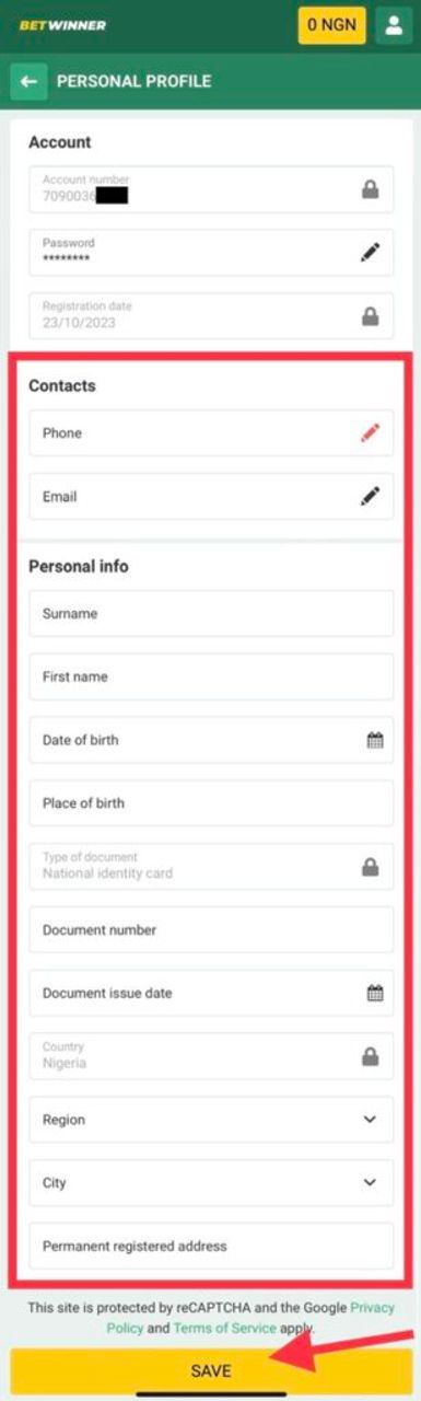 BetWinner personal data form