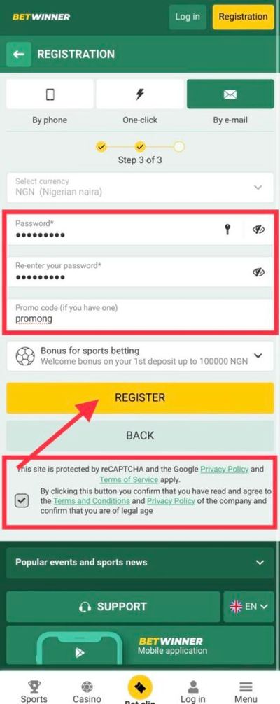 BetWinner registration by e-mail filled-out third step