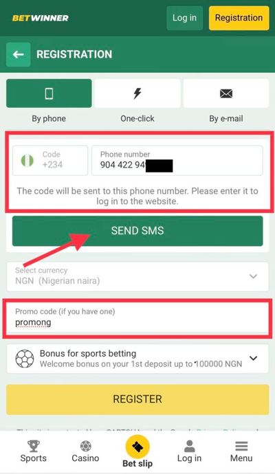 BetWinner registration by phone filled-out form