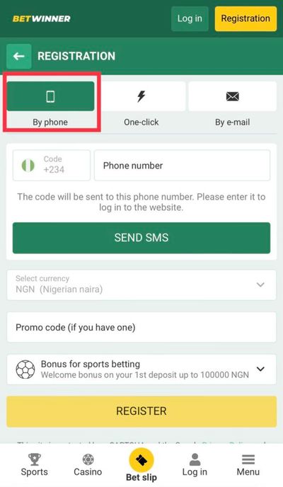 BetWinner registration by phone tab button