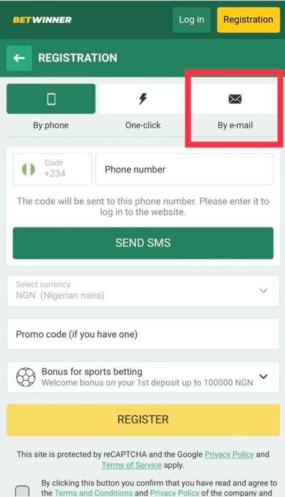BetWinner registration email tab button