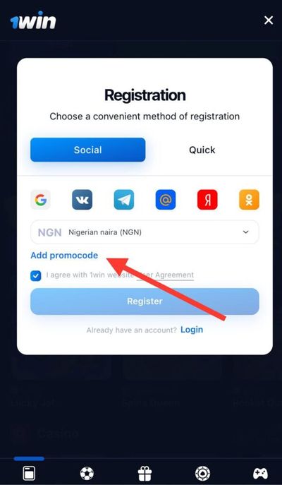 1win Registration By Social Add Promo Code Button