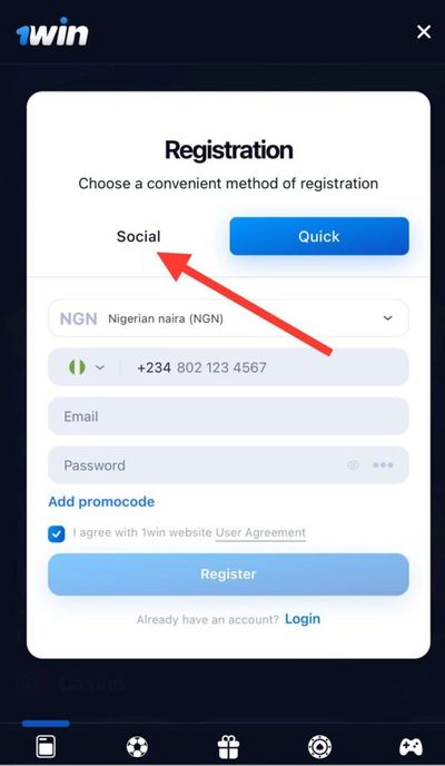 1win Registration Social Tab
