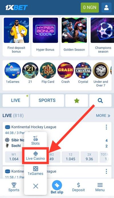 1xBet Live Casino button