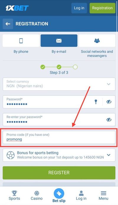 1xBet Promo Code registration by email