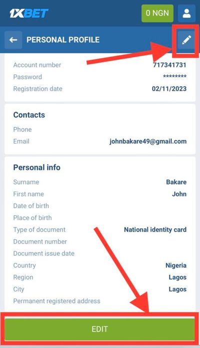 1xBet edit profile data