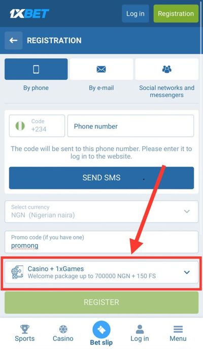 1xBet registration, Casino Welcome Bonus selected option