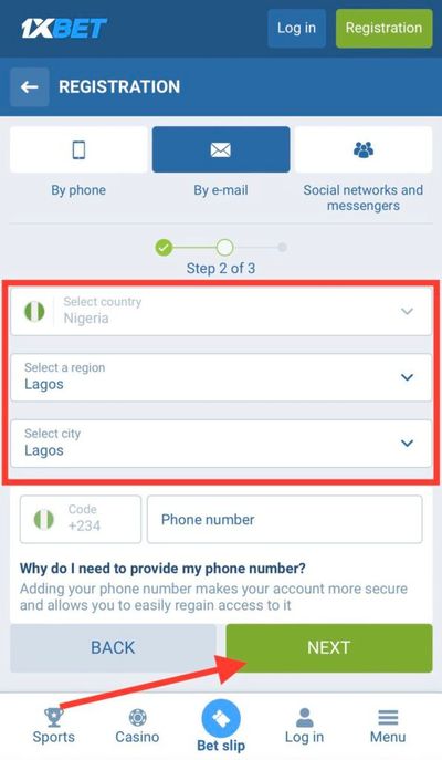 1xBet registration by e-mail second step