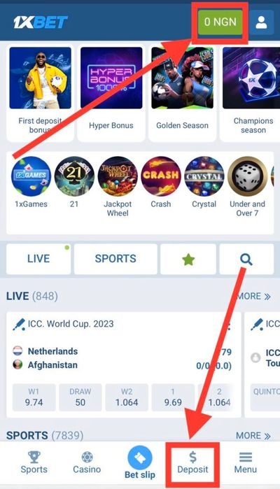 1xBet website deposit buttons