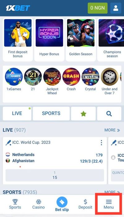 1xBet website menu button