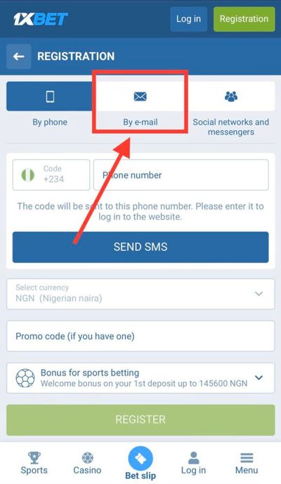 1xbet registration email tab