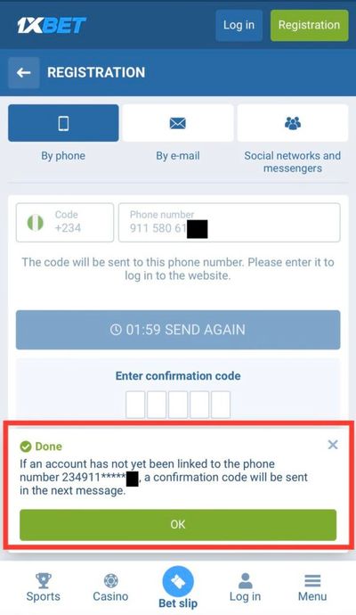 1xbet form registration success sms send