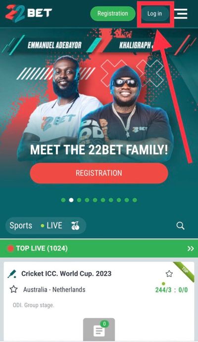 22BET webiste log in button