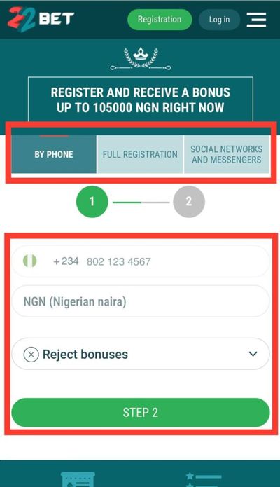 22Bet registration form