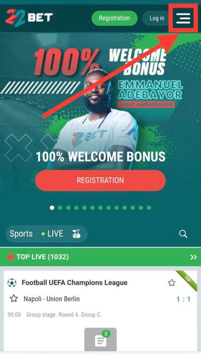 22Bet website, menu icon