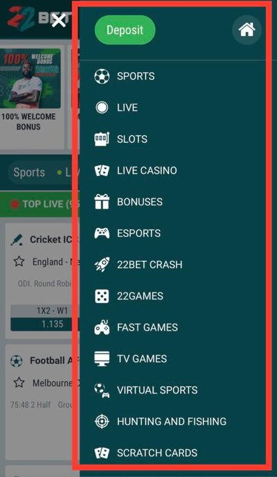 22Bet website, navigation pop-up