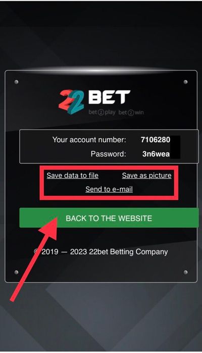 22bet registration by social media success screen