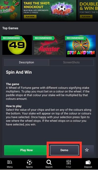 Bet9ja Spin and Win Demo button