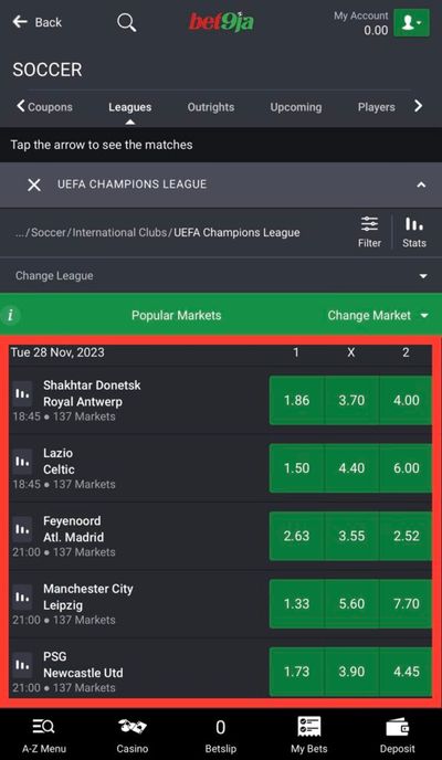 Bet9ja UEFA Champions league events