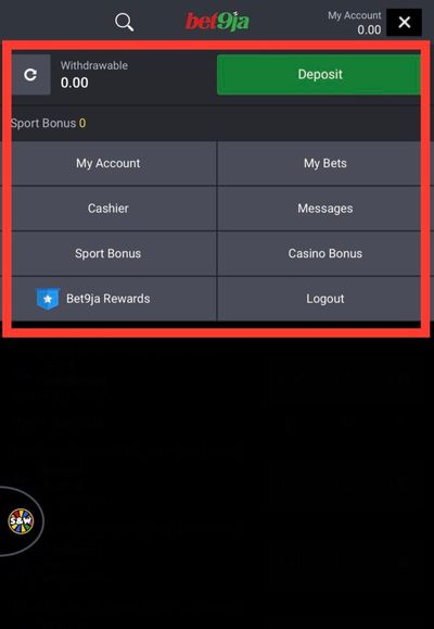 Bet9ja account drop-down menu