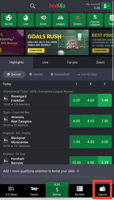 Bet9ja website, deposit button