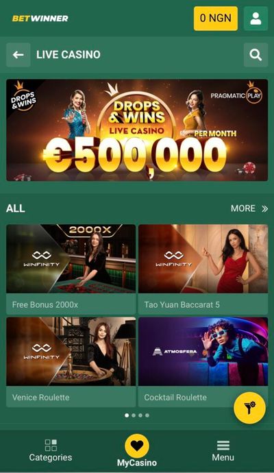 BetWinner Live Casino page