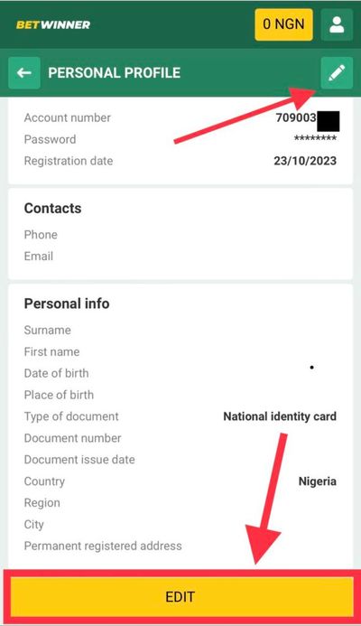 BetWinner edit personal data buttons