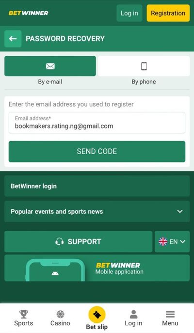 BetWinner password recovery page