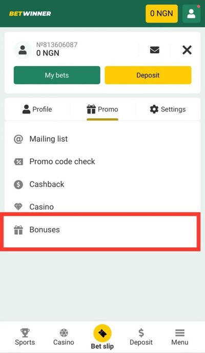BetWinner profile, bonuses button