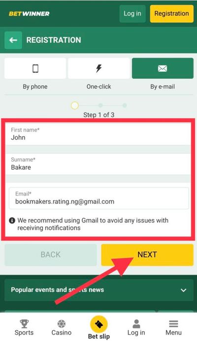 BetWinner registration by e-mail filled-out first step