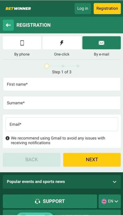 BetWinner registration by e-mail first step