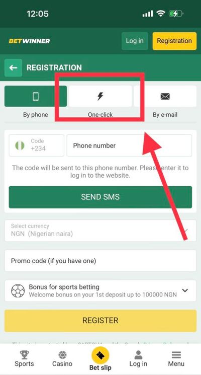 BetWinner registration by one-click tab