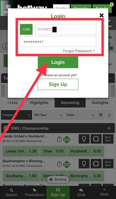 Betway website login form