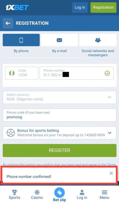 registration 1xbet phone number confirmed